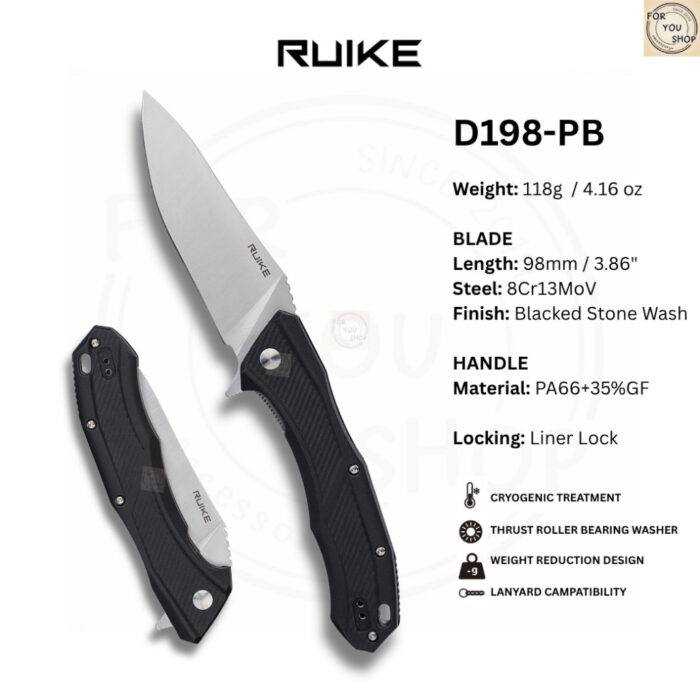 มีดพับ RUIKE D198-PB ใบมีด 8Cr13MoV ขนาด 3.86 นิ้ว ด้าม PA66 เสริมไฟเบอร์ ระบบ Liner Lock พร้อมคลิปพกพา Folding Knife