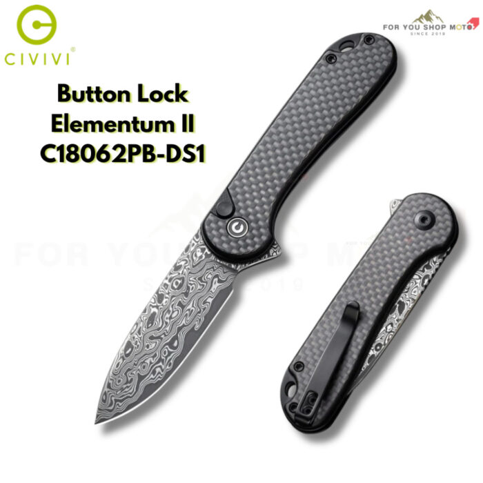 มีดพับ CIVIVI Button Lock Elementum II ใบมีด Nitro-V / Damascus 2.96นิ้ว ด้าม G10/Ultem/CarbonFiber/Aluminum (C18062P)