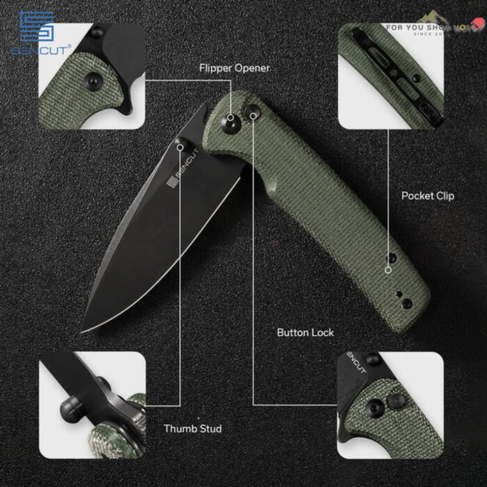 มีดพับ SENCUT Sachse ใบมีด 9Cr18MoV 3.47 นิ้ว ด้าม Micarta / G10 / ไม้ Guibourtia ระบบ Button Lock Flipper & Thumb Stud