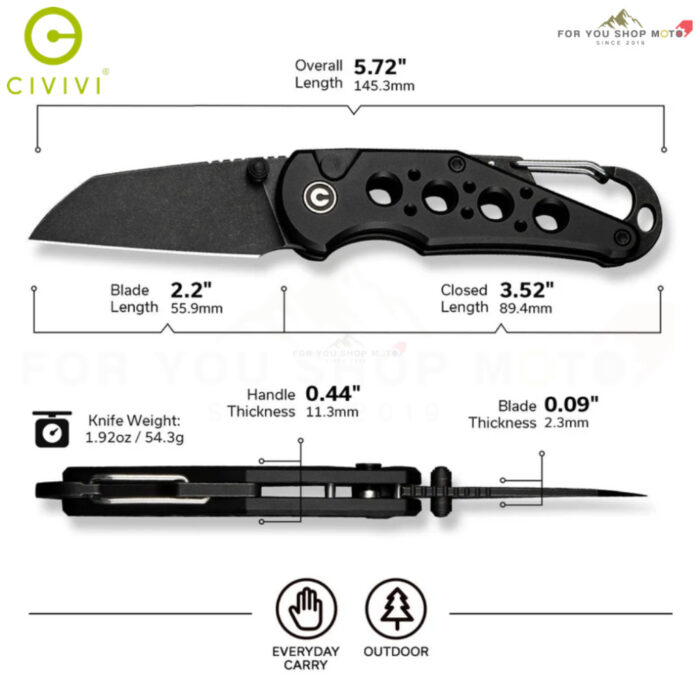 มีดพับ CIVIVI Pragma EDC ใบมีด Nitro-V 2.2 นิ้ว Wharncliffe ด้าม Aluminum พร้อม Carabiner & Bottle Opener Button Lock