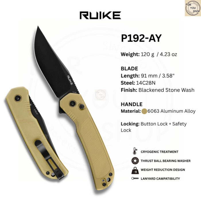 (New Products) มีดพับ RUIKE P192 ใบมีด 14C28N ขนาด 3.58 นิ้ว ด้าม Aluminum ระบบ Button Lock EDC