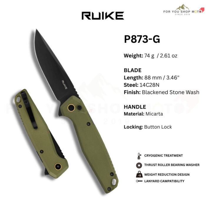 มีดพับ RUIKE P873 ใบมีด Sandvik 14C28N 3.46 นิ้ว Drop Point ด้าม G10 / Micarta ระบบ Button lock Outdoor Knife EDC