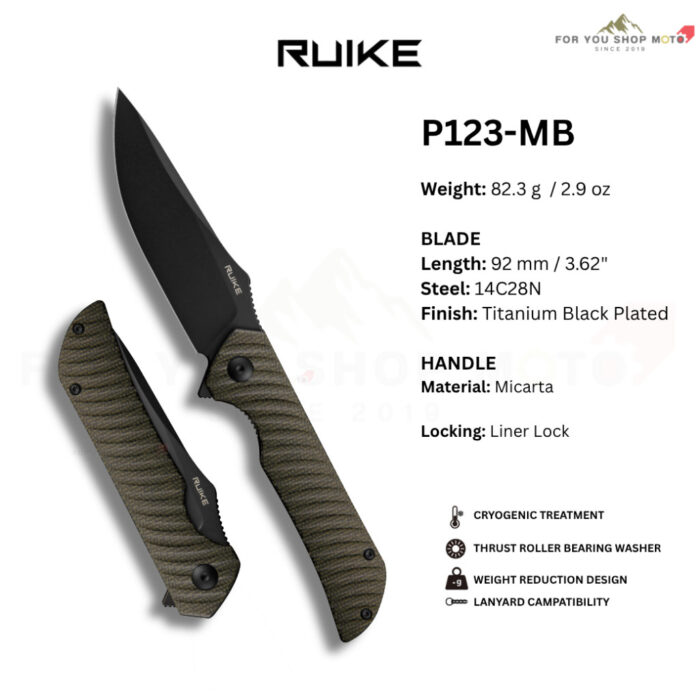 มีดพับ RUIKE P123 ใบมีด Sandvik 14C28N 3.62 นิ้ว Drop Point ด้าม Micarta ระบบ Liner Lock EDC P123-MB / P123-ME / P123-MG
