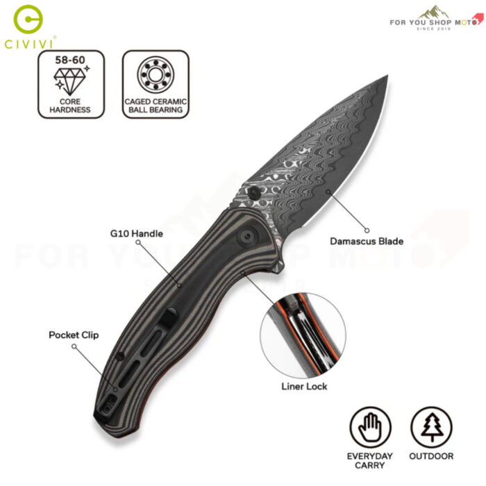 [New] มีดพับ CIVIVI Vyrent ใบมีด Nitro-X7 / Damascus 3.48 นิ้ว ด้าม G10 / Micarta รุ่นใหม่ Flipper & Thumb Stud C25037
