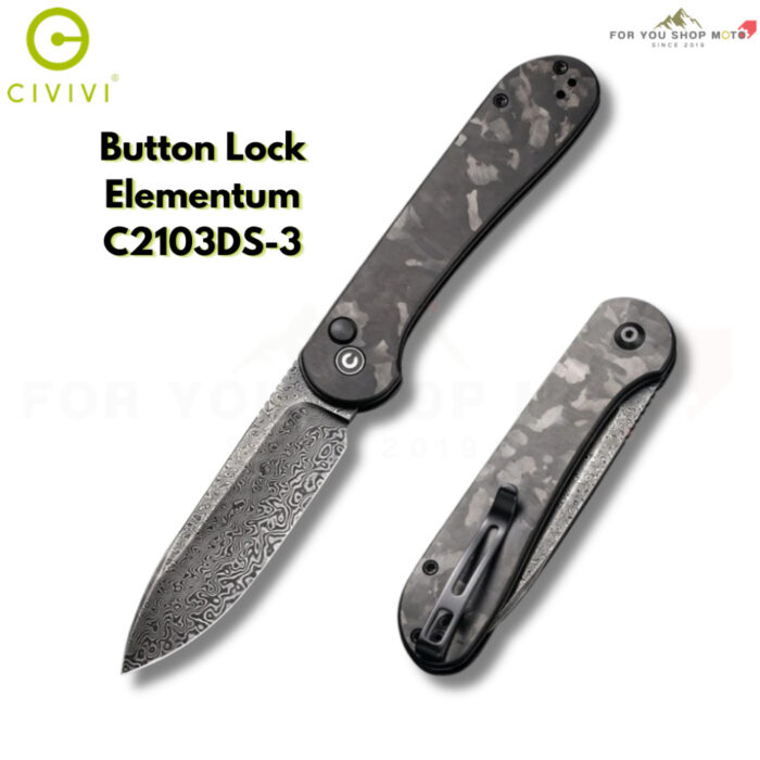 มีดพับ CIVIVI Button Lock Elementum ใบมีด Damascus 3.47 นิ้ว ด้าม Carbon Fiber Pocket Knife EDC รุ่น C2103DS-3